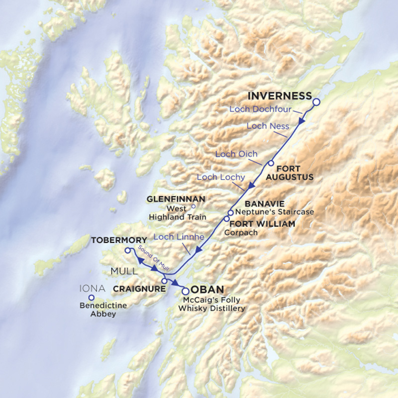 Caledonian and Great Glen Explorer itinerary map with Lord of the Glens Cruises