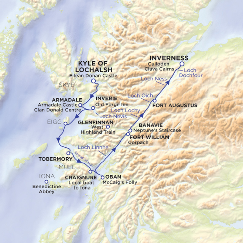 Inland Waterways and Idyllic Isles itinerary map with Lord of the Glens Cruises