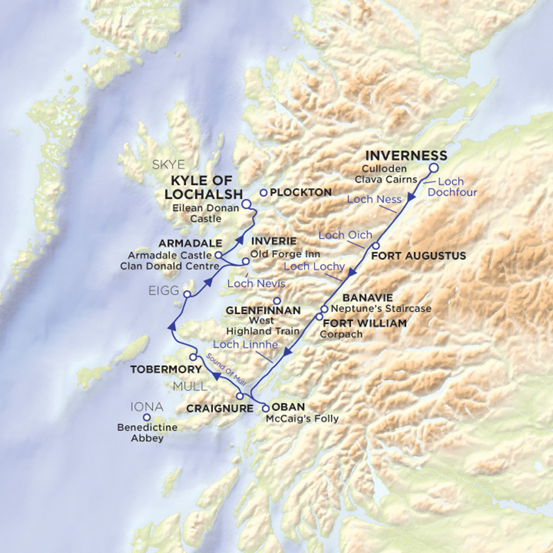 Secrets of the Highlands and Islands itinerary map with Lord of the Glens Cruises