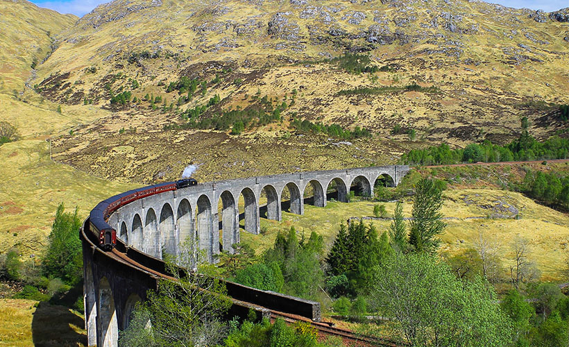 The Glenfinnan Viaduct with a steam train on it