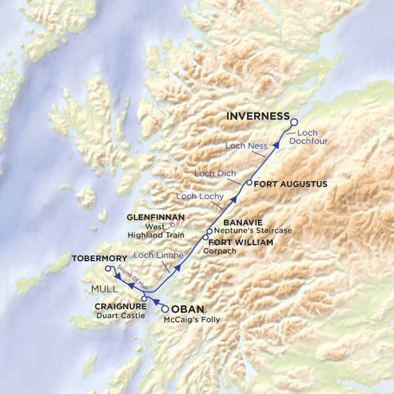 Voyage Through the Heart of the Highlands itinerary map with Lord of the Glens Cruises