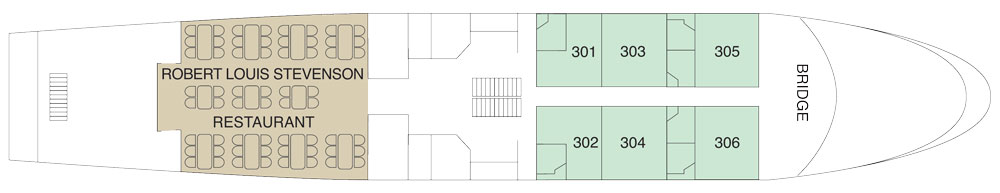 A schematic of Lord of the Glens' deck layout, showing cabins, the Robert Louis Stevenson restaurant, and the bridge.